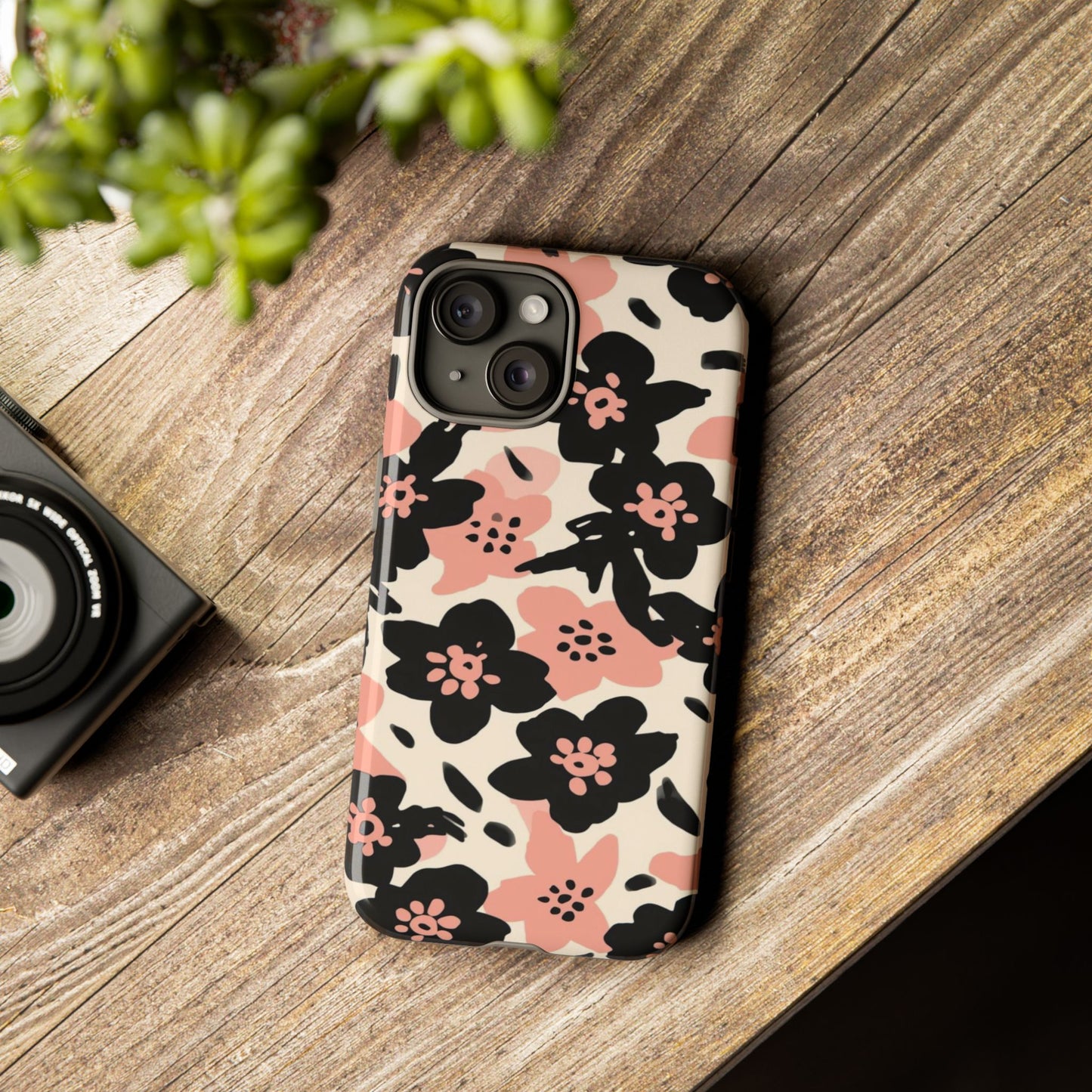 Floral Phone Case — Pink & Black Retro Blossom Protective Cover
