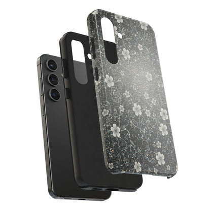 Floral Sparkle Tough Phone Case — Black & Silver Vintage Blossom