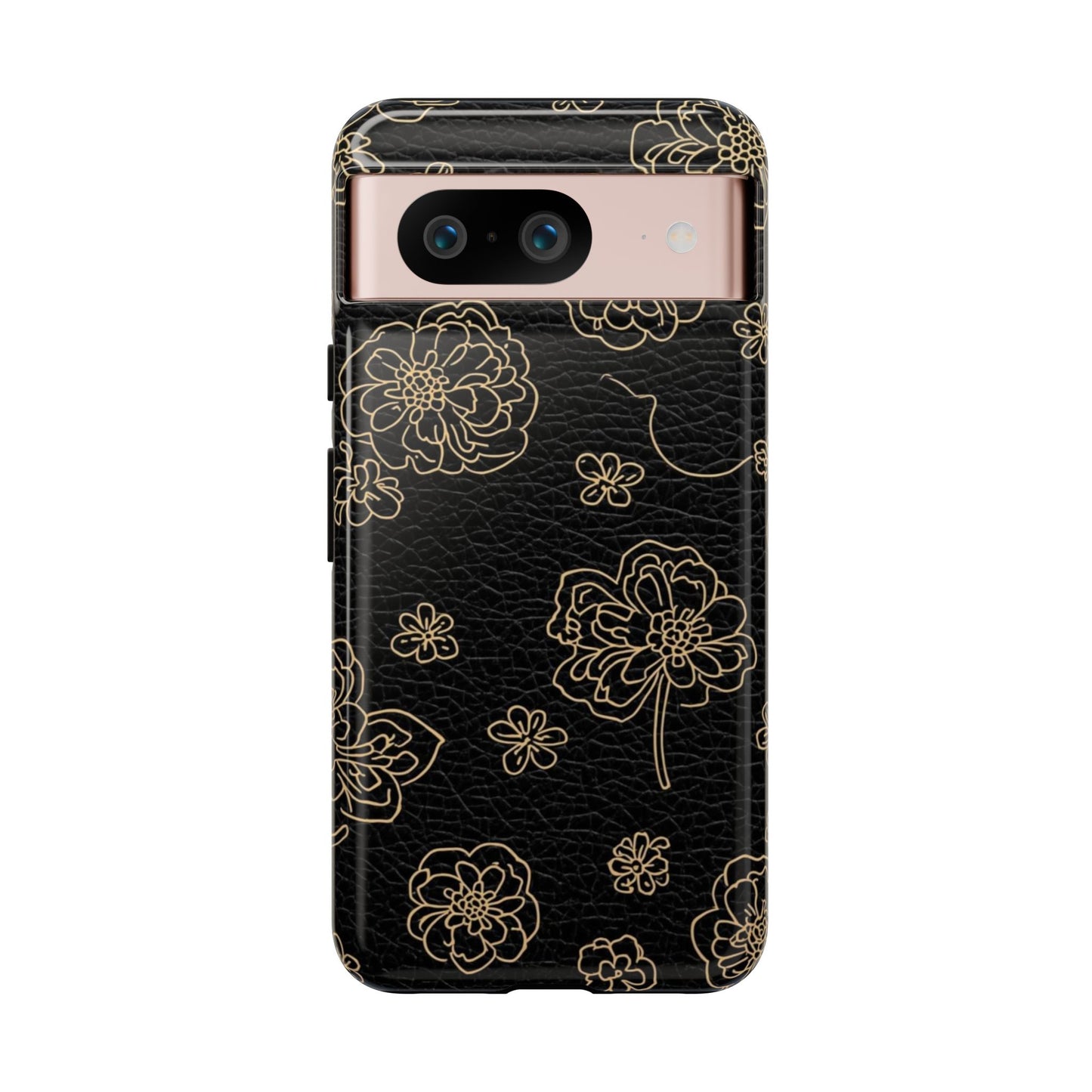 Floral Leather-Texture Tough Case – Black Gold Outline Phone Cover