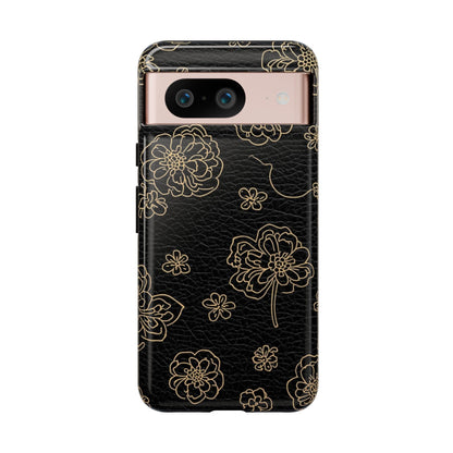 Floral Leather-Texture Tough Case – Black Gold Outline Phone Cover