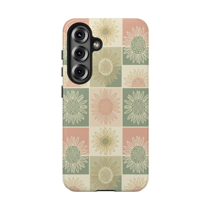 Sunflower Check iPhone Tough Phone Case — Retro Pastel Floral Protective Cover