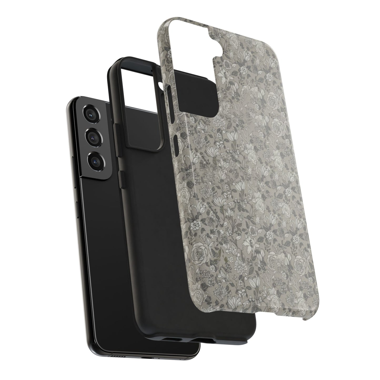 Gray Floral Tough Phone Case — Durable Protective Phone Cover with Vintage Botanical Pattern