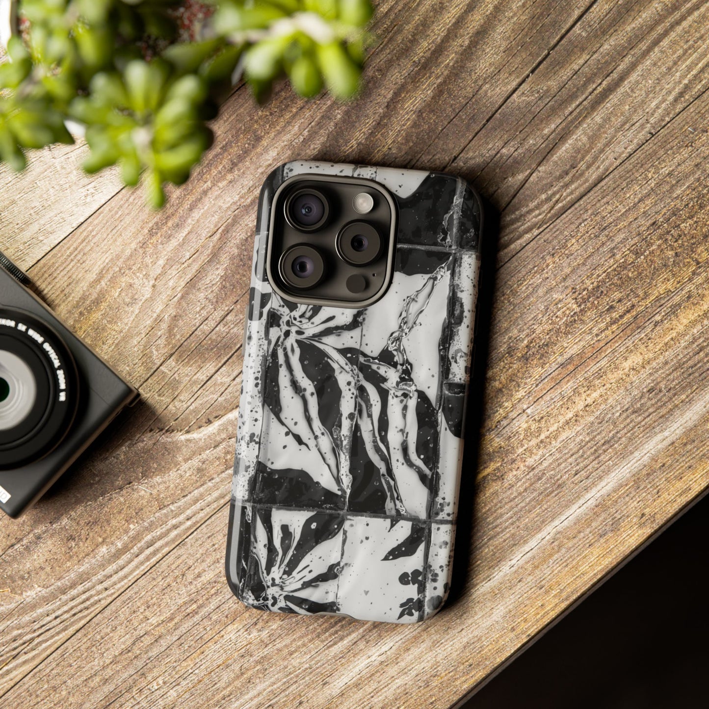 Monochrome Tile Floral Tough Phone Case