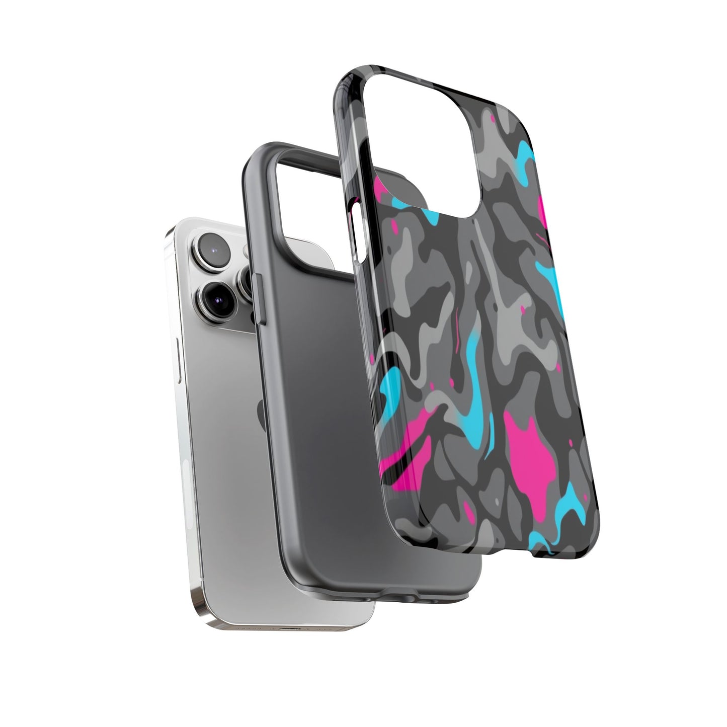 Camouflage Phone Case — Gray Camo with Neon Pink & Cyan Accent Tough Protective Cover