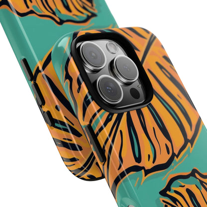 Tropical Leaf Tough Phone Case — Orange Monstera Design on Teal