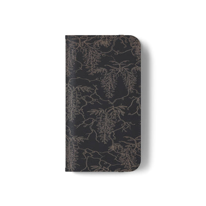 Botanical Noir Flip Phone Case — Dark Floral Wallet Cover with Card Slots