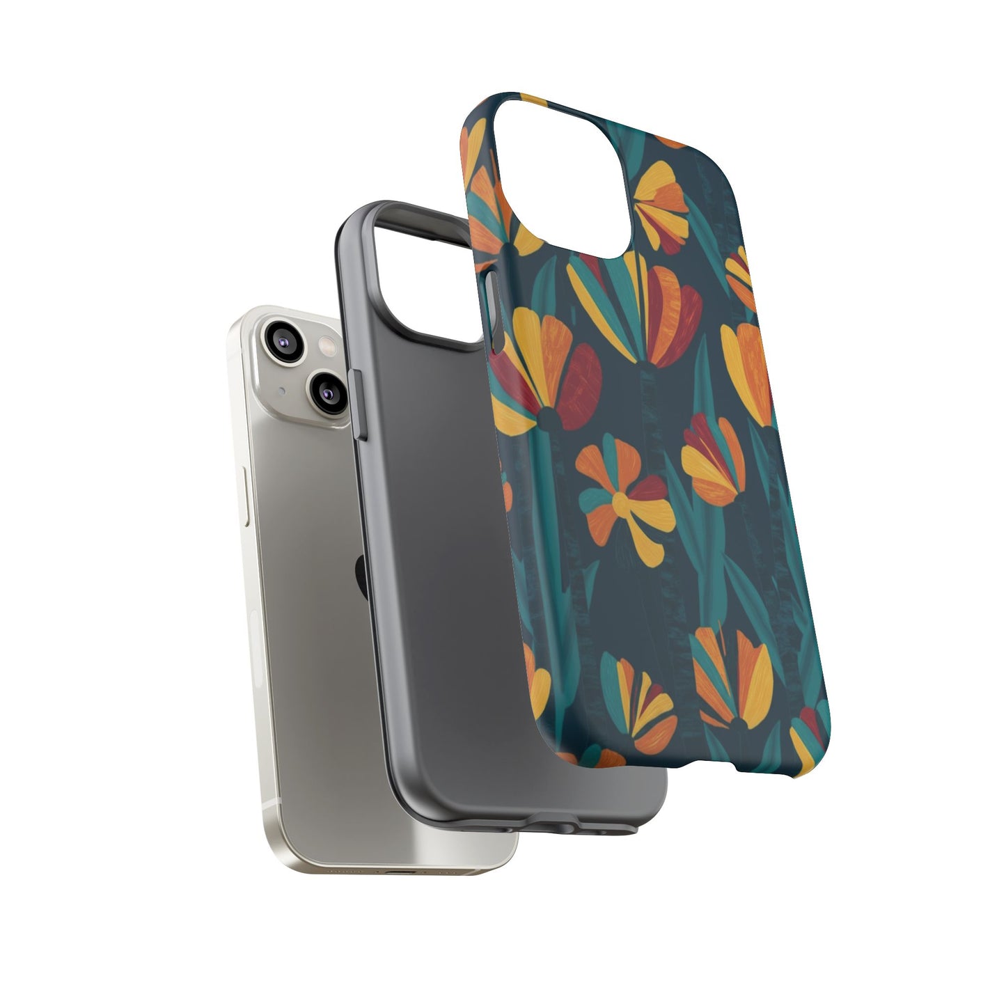 Floral Retro Teal Tough Phone Case — Vibrant Orange & Mustard Blooms