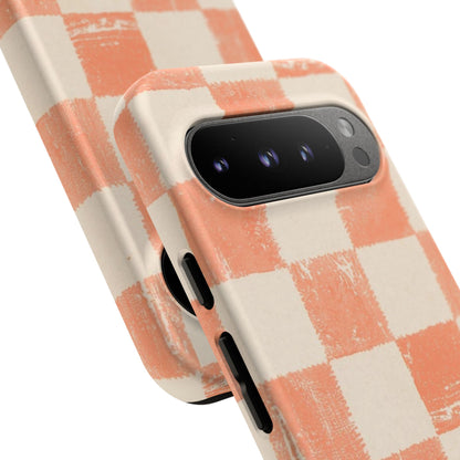 Peach Checkerboard Tough Phone Case — Retro Distressed Grid Design