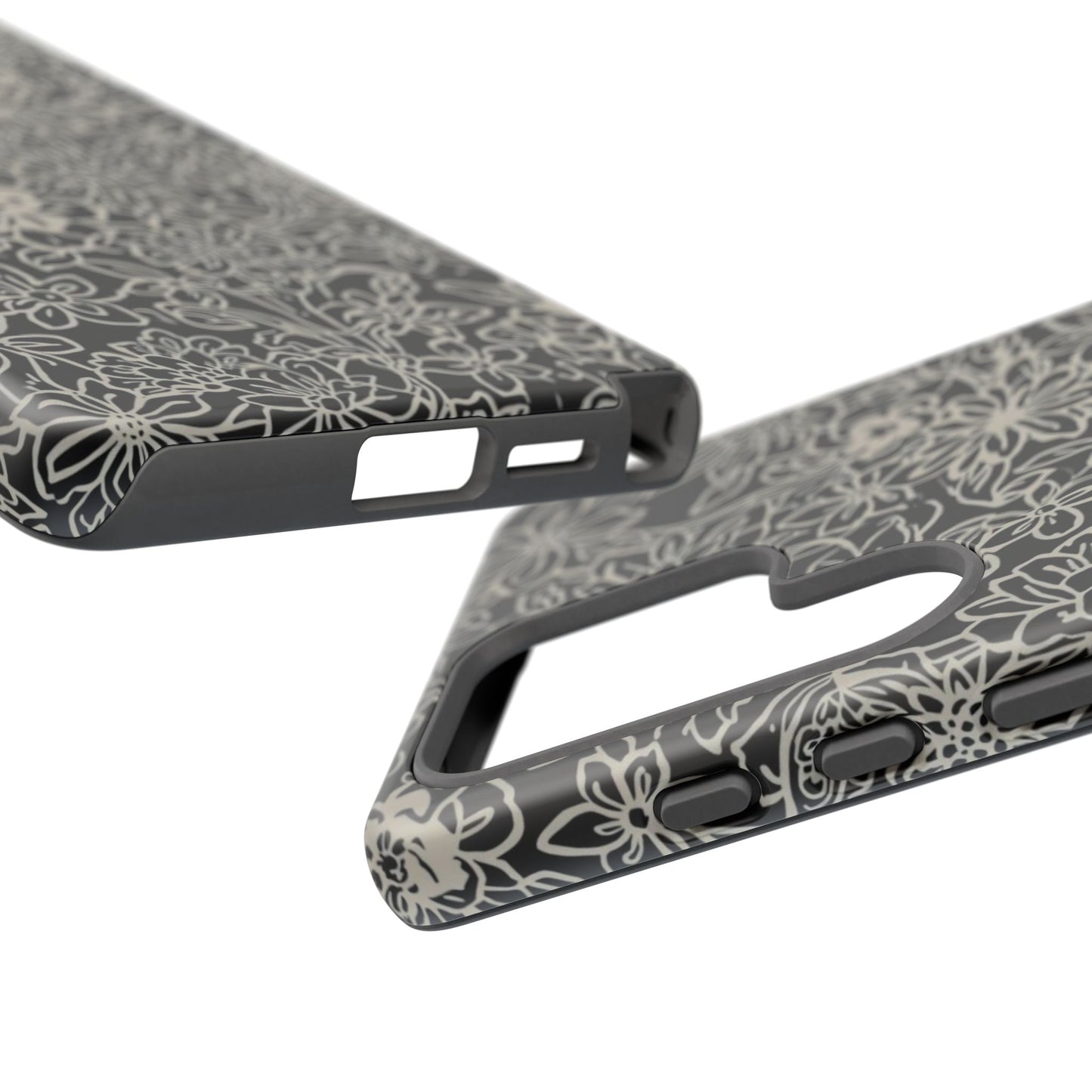 Floral Doodle Tough Phone Case — Black & White Sketch Flower Protective Cover