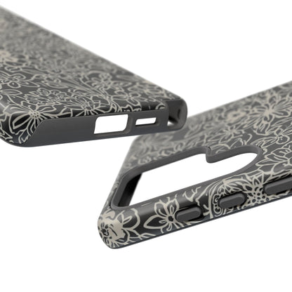 Floral Doodle Tough Phone Case — Black & White Sketch Flower Protective Cover