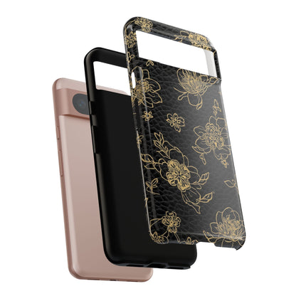 Floral Leather Phone Case — Gold Outline Flowers on Black Tough Case
