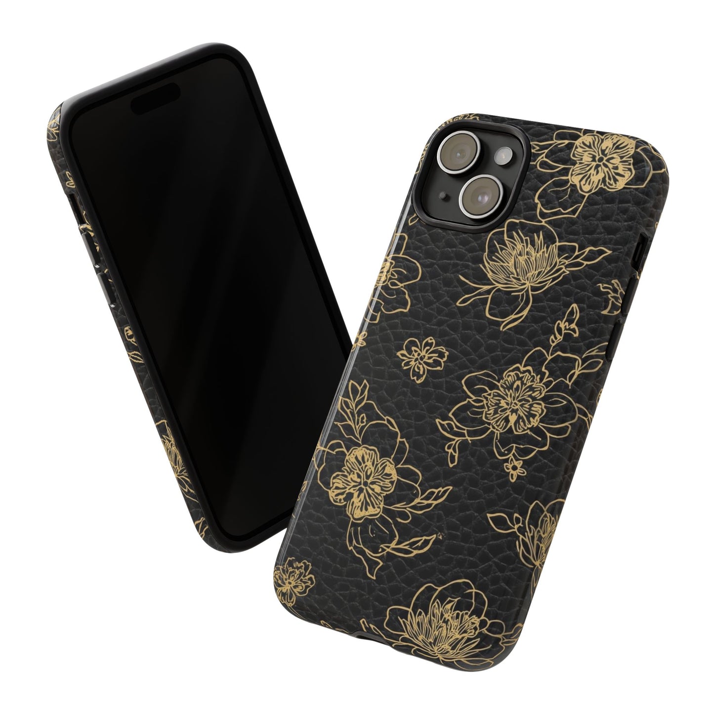 Floral Leather Phone Case — Gold Outline Flowers on Black Tough Case