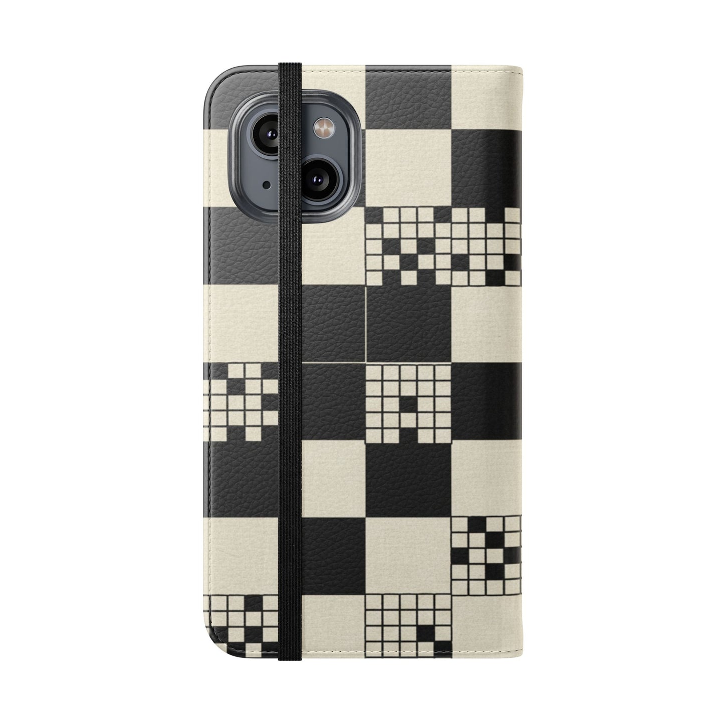 Checkerboard Flip Phone Case – Retro Black & Cream Geometric Wallet Case