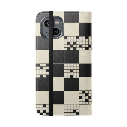 Checkerboard Flip Phone Case – Retro Black & Cream Geometric Wallet Case