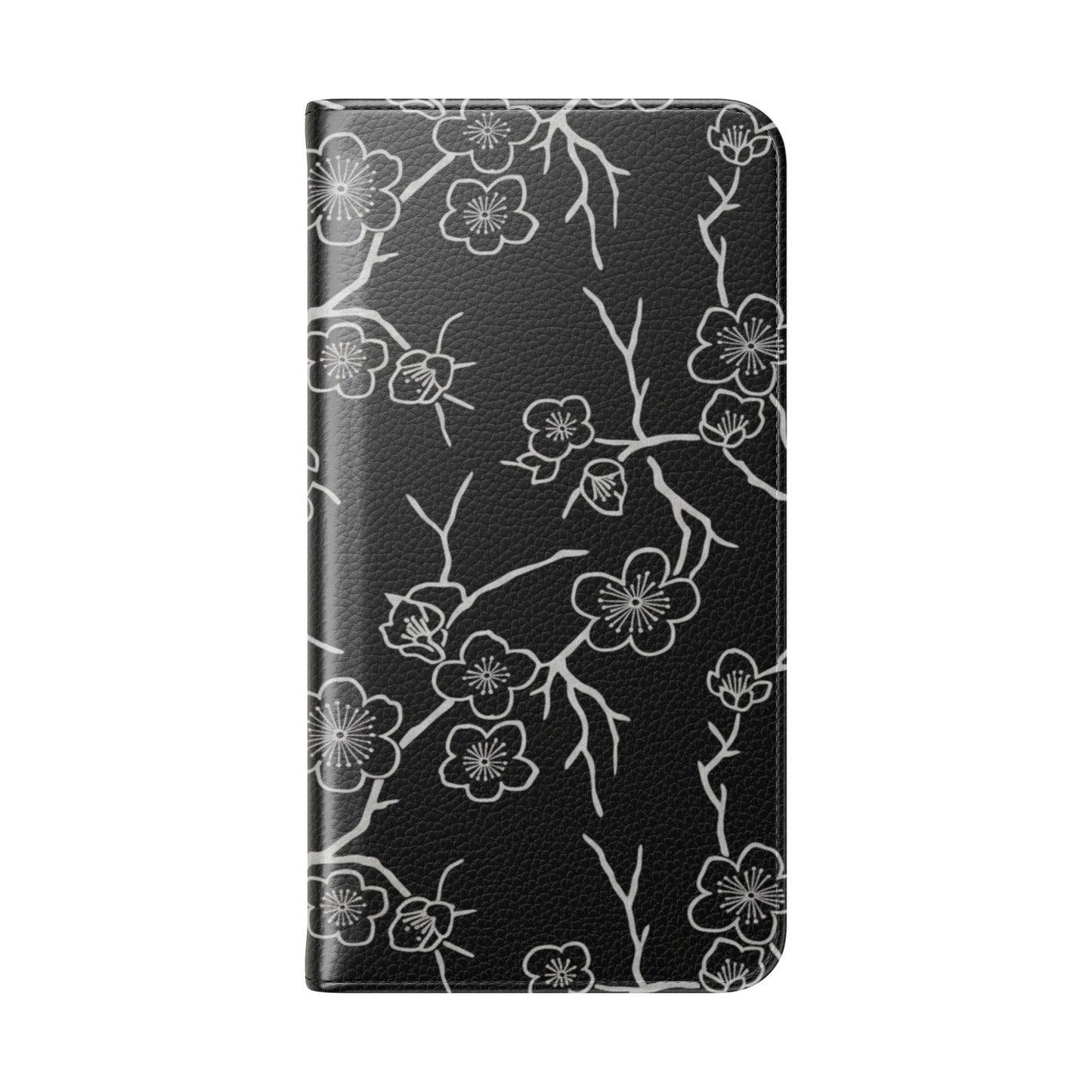 Black Cherry Blossom Flip Phone Case – Floral Wallet Flip Case with Card Slots