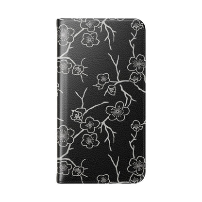Black Cherry Blossom Flip Phone Case – Floral Wallet Flip Case with Card Slots