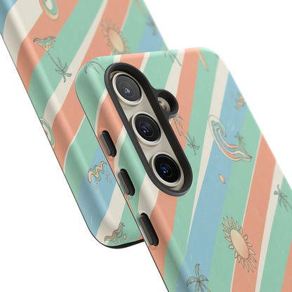 Retro Beach Stripes Phone Case — Sun, Waves & Palm Pattern Tough Case
