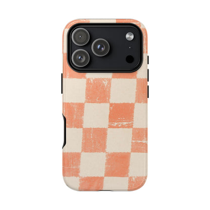 Peach Checkerboard Tough Phone Case — Retro Distressed Grid Design