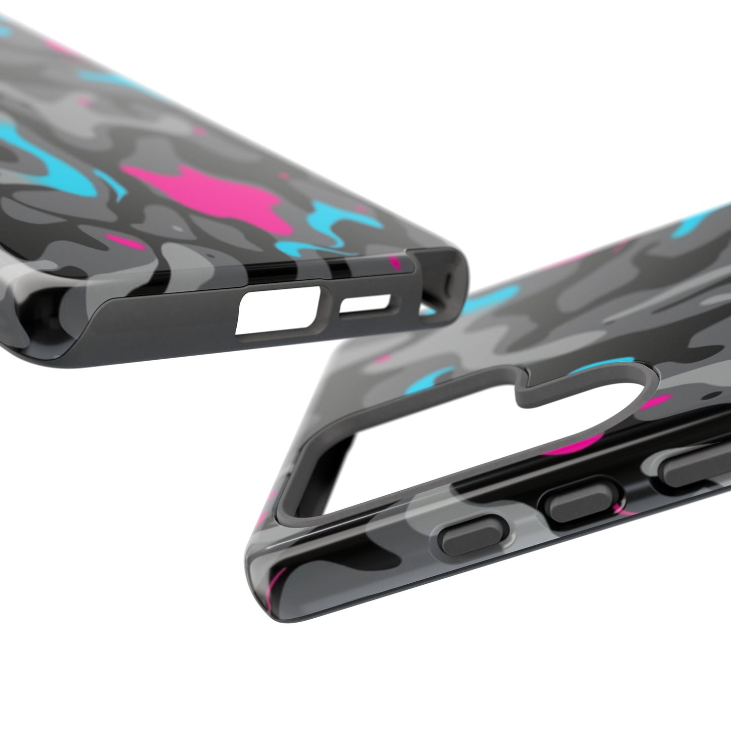 Camouflage Phone Case — Gray Camo with Neon Pink & Cyan Accent Tough Protective Cover