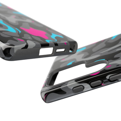 Camouflage Phone Case — Gray Camo with Neon Pink & Cyan Accent Tough Protective Cover