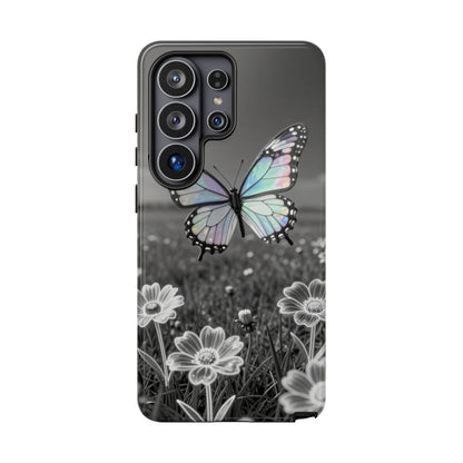 Butterfly Field Tough Phone Case — Pastel Holographic Butterfly on Black & White Floral Background