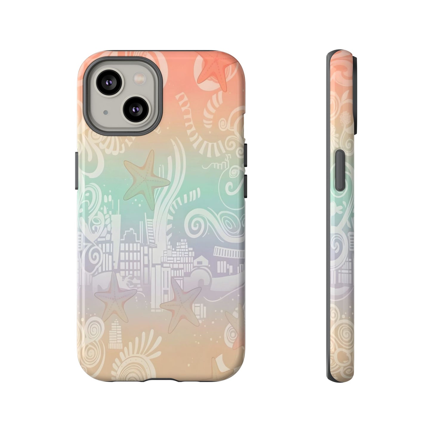 Tough Cases: Pastel Beach Pattern Phone Case — Starfish & Coastal Cityscape Protective Cover