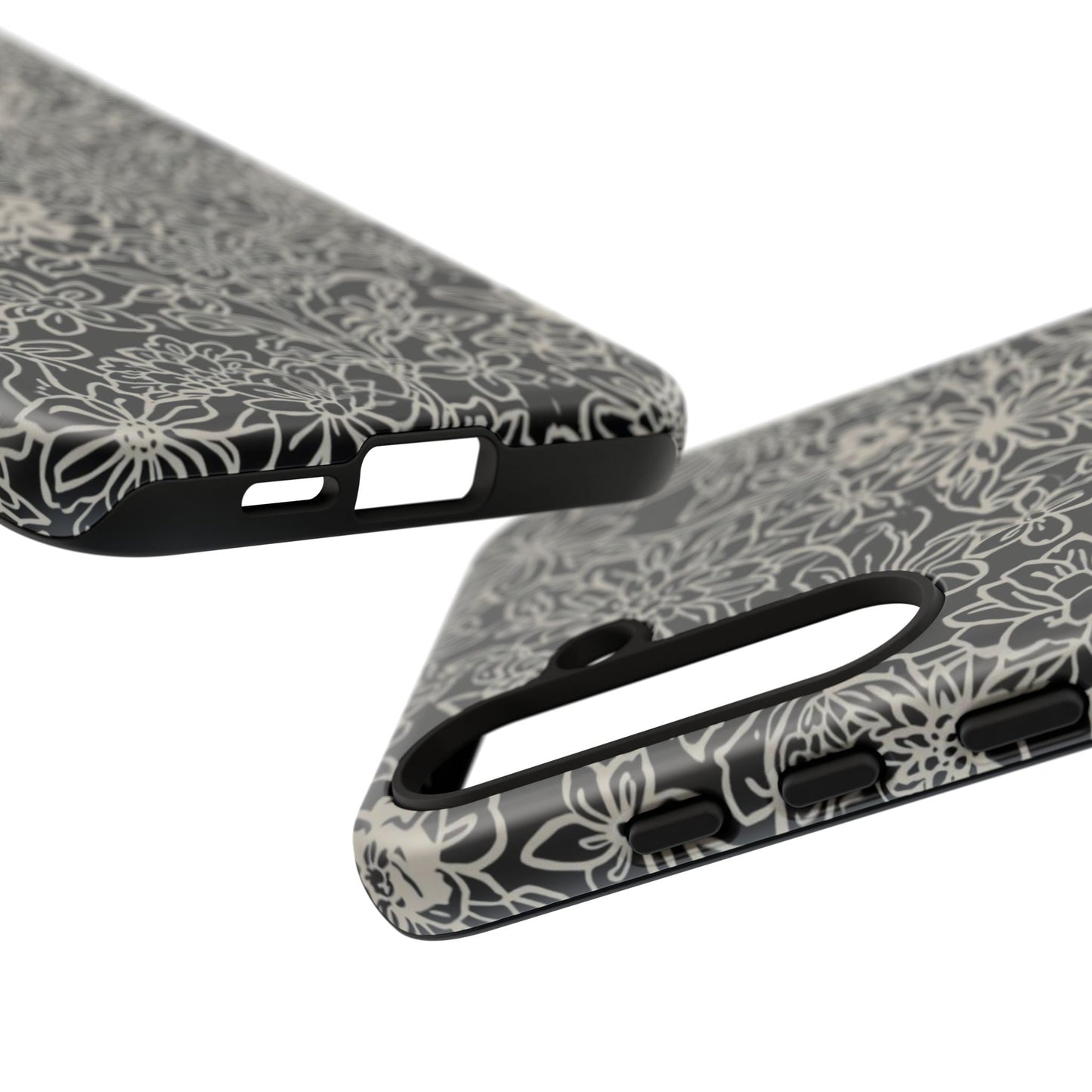 Floral Doodle Tough Phone Case — Black & White Sketch Flower Protective Cover