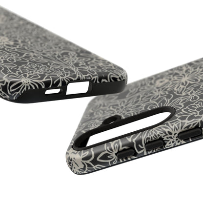 Floral Doodle Tough Phone Case — Black & White Sketch Flower Protective Cover