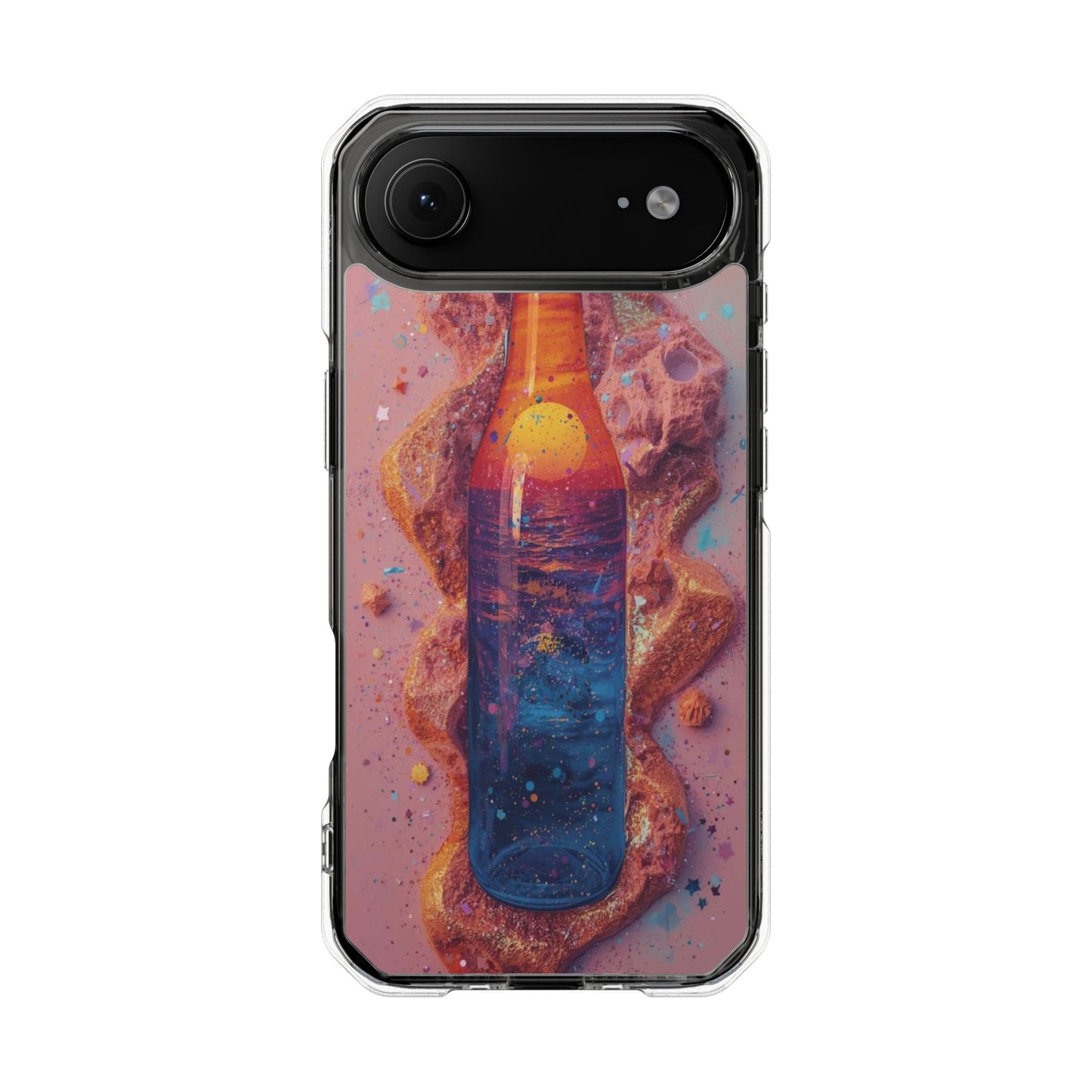 Clear Magnetic Phone Case — Cosmic Bottle Sunset Design