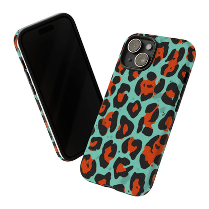 Leopard Print Tough Phone Case — Teal & Rust Protective iPhone Cover