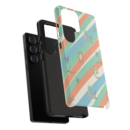 Retro Beach Stripes Phone Case — Sun, Waves & Palm Pattern Tough Case