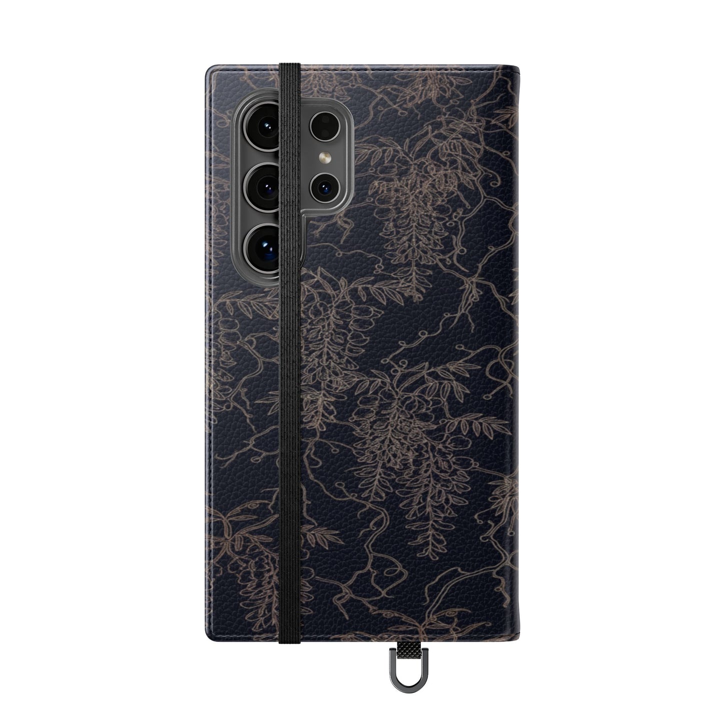 Botanical Noir Flip Phone Case — Dark Floral Wallet Cover with Card Slots