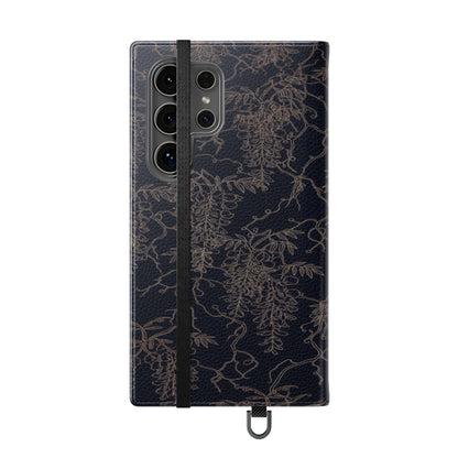 Botanical Noir Flip Phone Case — Dark Floral Wallet Cover with Card Slots