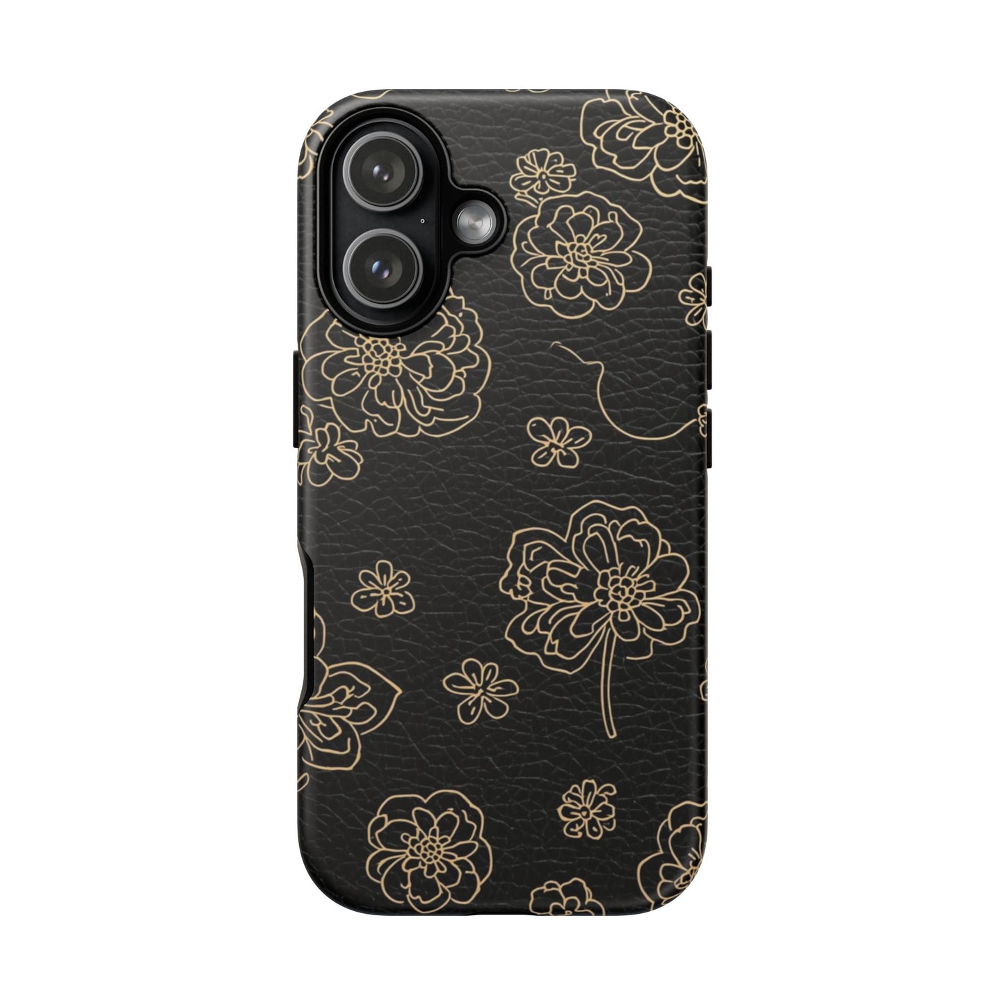Floral Leather-Texture Tough Case – Black Gold Outline Phone Cover