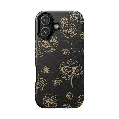 Floral Leather-Texture Tough Case – Black Gold Outline Phone Cover
