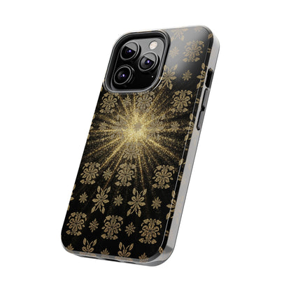 Glitter Burst Tough Phone Case — Black & Gold Floral Protective Cover