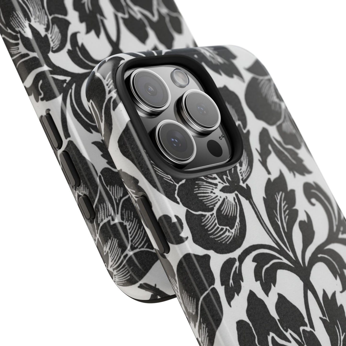 Tough Phone Case — Black & White Vintage Floral Protective Cover