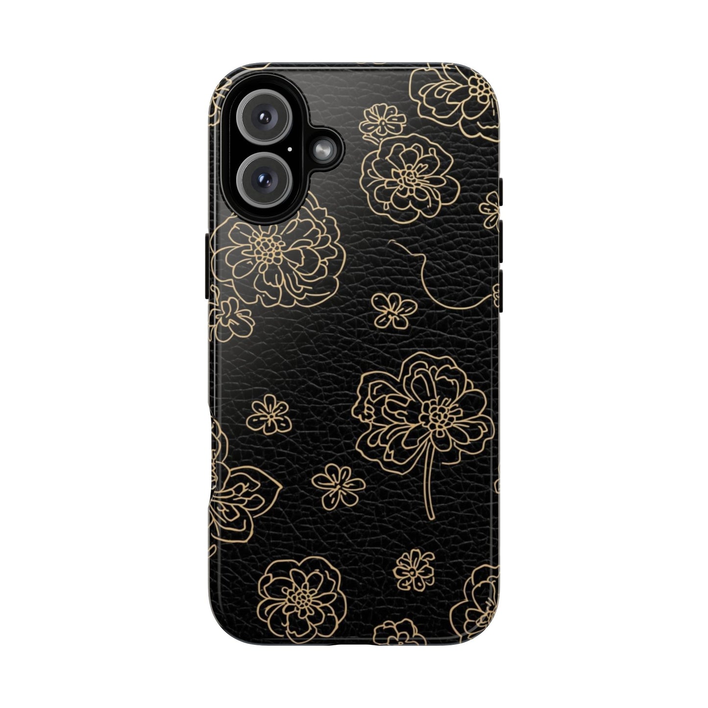 Floral Leather-Texture Tough Case – Black Gold Outline Phone Cover