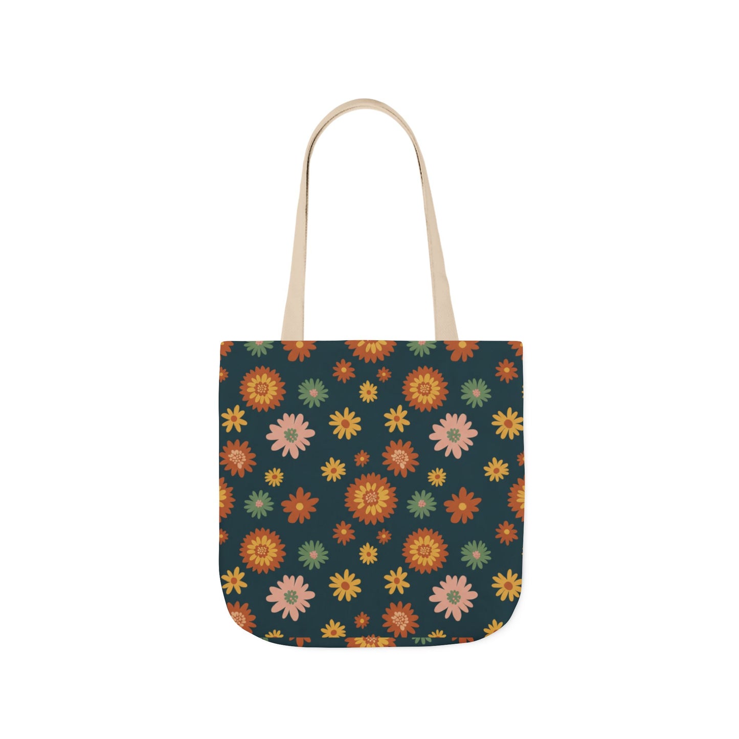 Retro Floral Canvas Tote Bag — Dark Green Sunflower Pattern