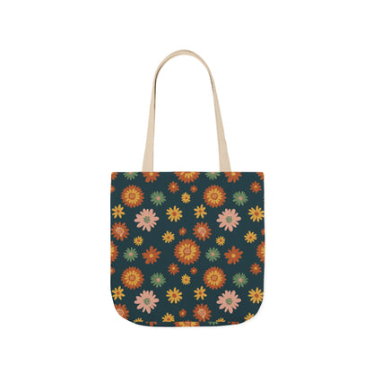 Retro Floral Canvas Tote Bag — Dark Green Sunflower Pattern