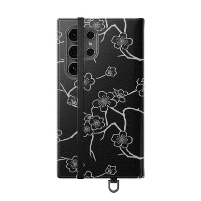 Black Cherry Blossom Flip Phone Case – Floral Wallet Flip Case with Card Slots