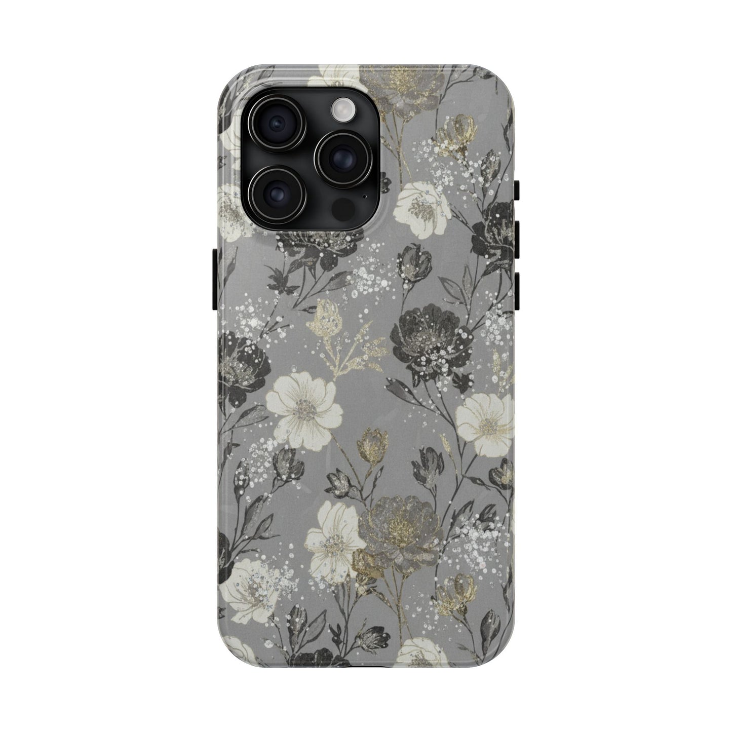 Floral Gray Tough Phone Case — Elegant Protective Phone Cover with Gold Accent