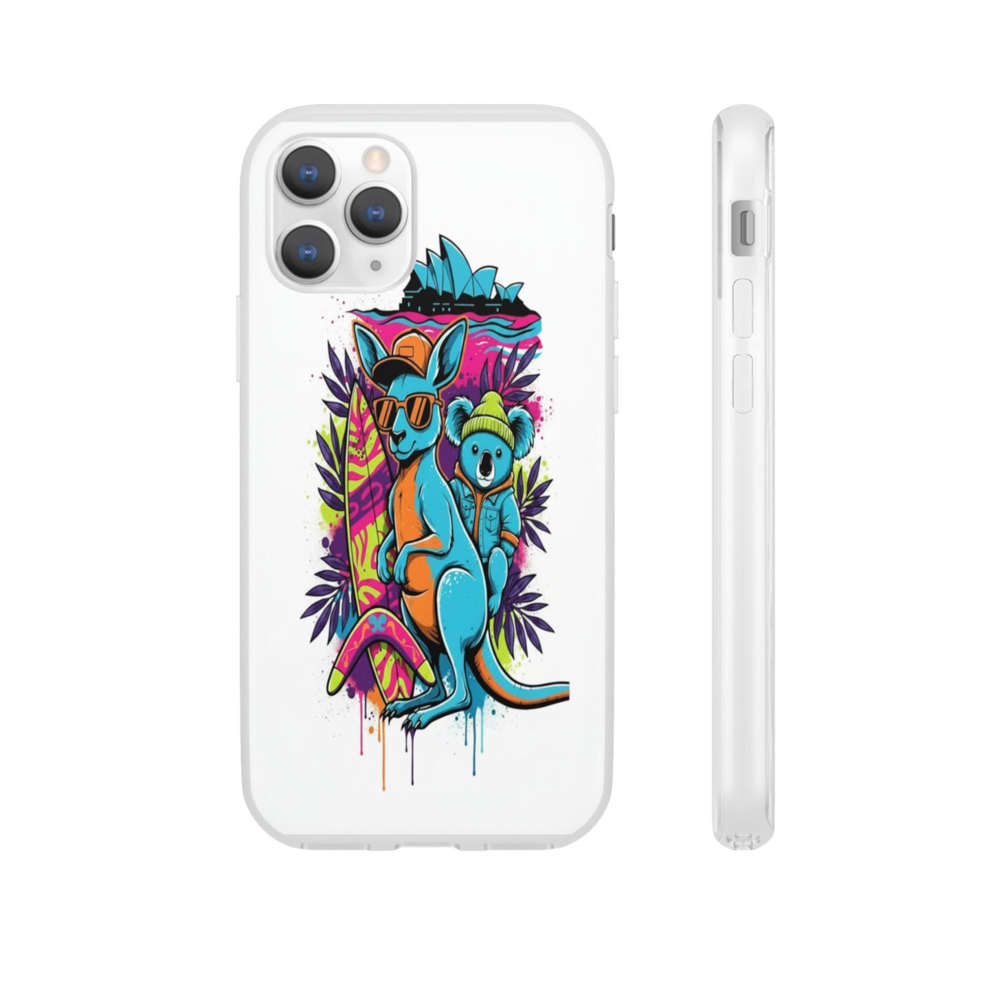 Kangaroo & Koala Surf Phone Case — Neon Aussie Beach Vibes Flexible Case