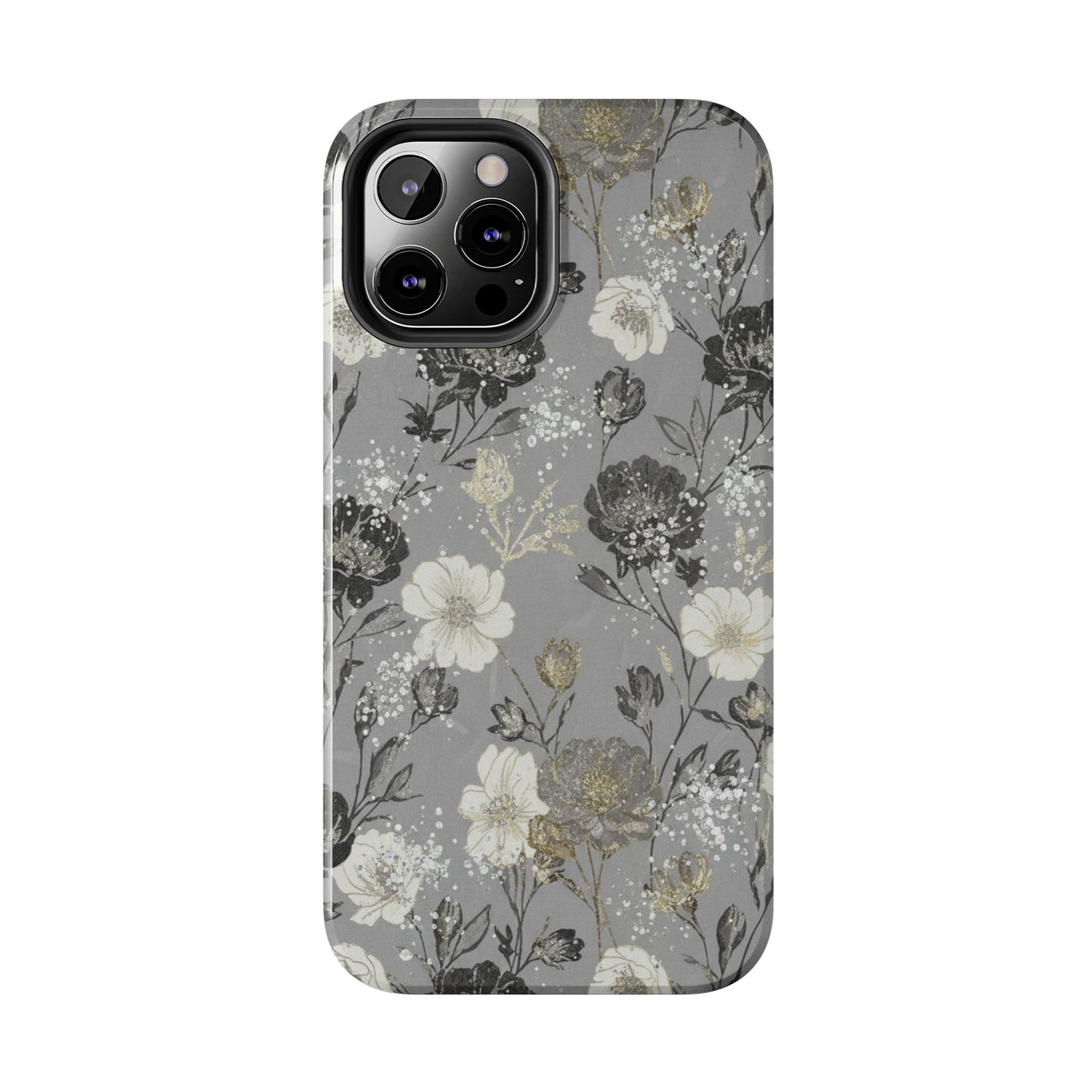 Floral Gray Tough Phone Case — Elegant Protective Phone Cover with Gold Accent