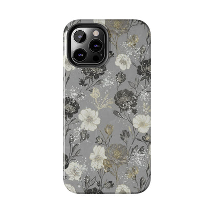 Floral Gray Tough Phone Case — Elegant Protective Phone Cover with Gold Accent