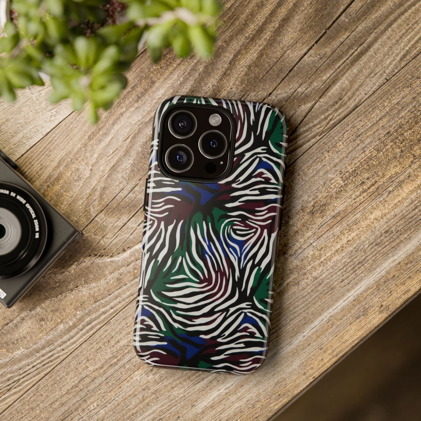 Zebra Camo Tough Phone Case – Green & Blue Animal Print Protective Cover