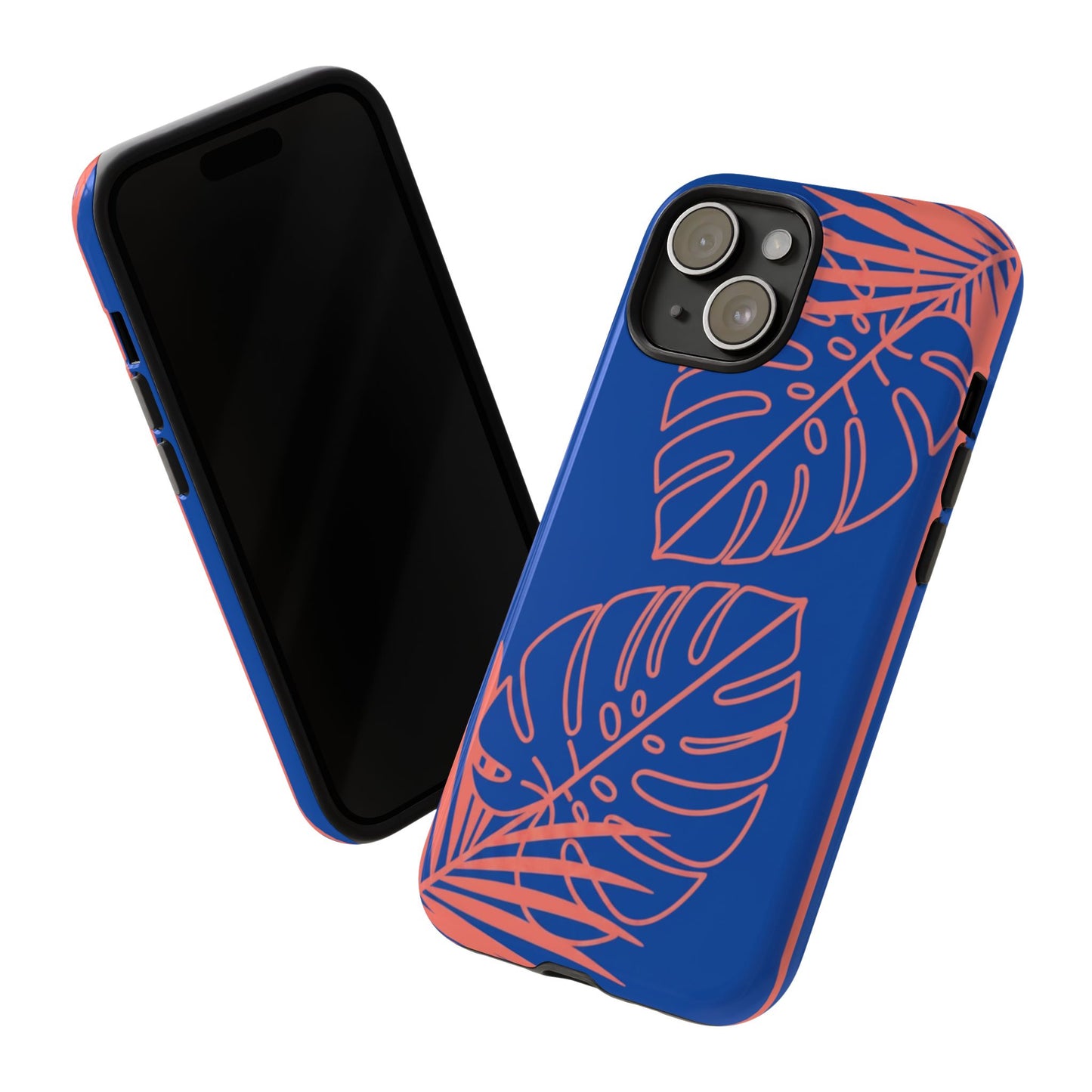 Tropical Monstera Phone Case — Blue & Coral Leaf Protective Cover