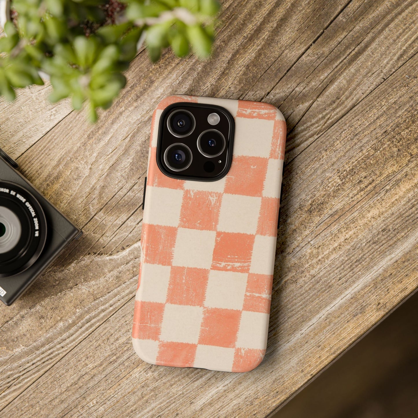 Peach Checkerboard Tough Phone Case — Retro Distressed Grid Design
