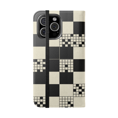Checkerboard Flip Phone Case – Retro Black & Cream Geometric Wallet Case