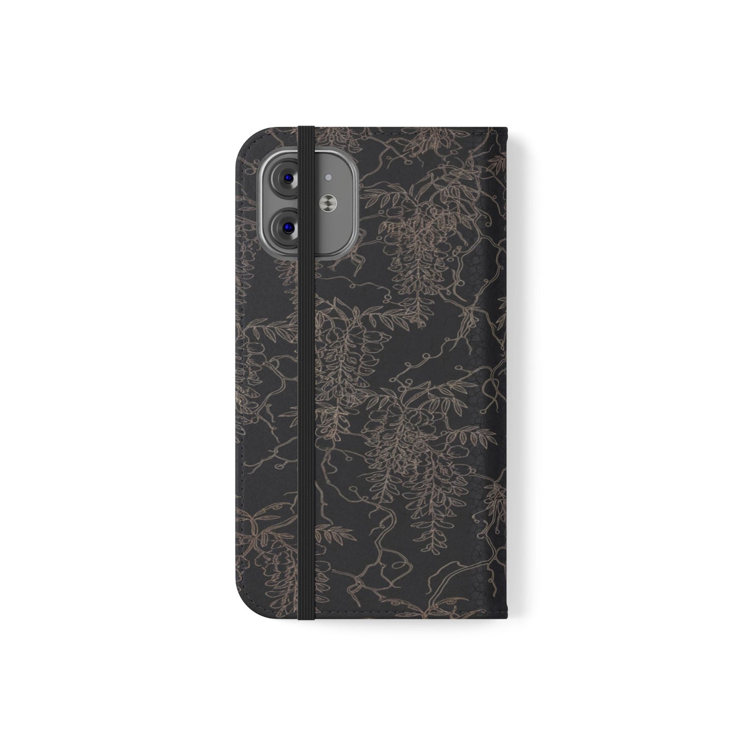 Botanical Noir Flip Phone Case — Dark Floral Wallet Cover with Card Slots